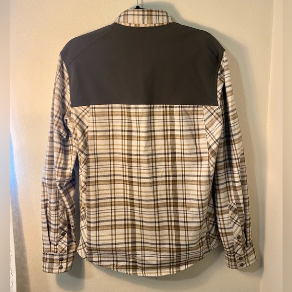 REI Plaid Snap Button Flannel Shirt w Brown Shoulder Contrast - Picture 4 of 7